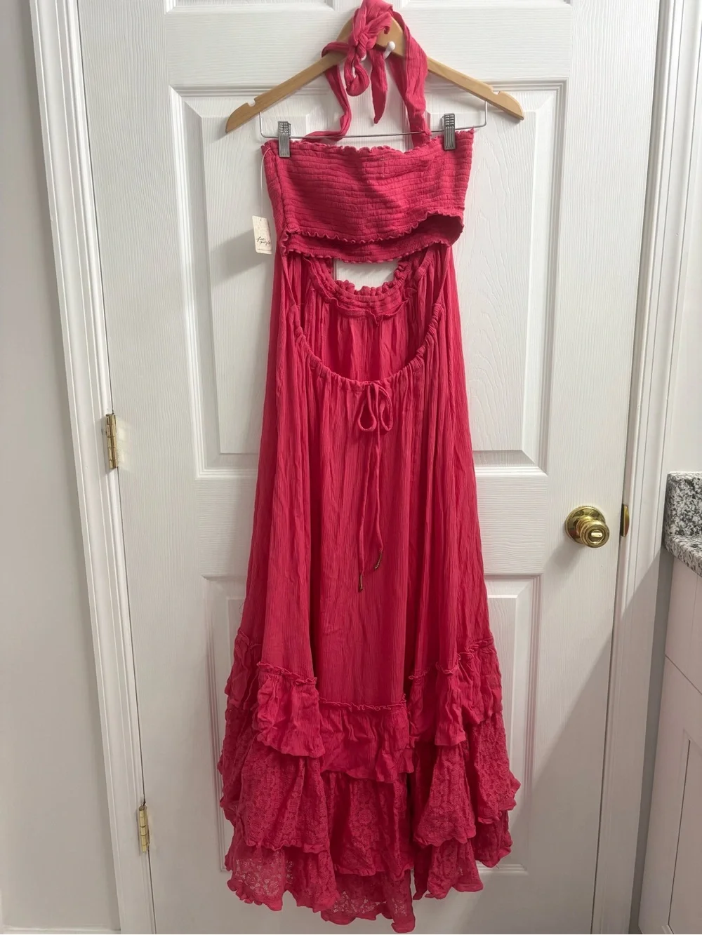 Free People Kauri Maxi Dress Boho Gauzey Free-est Tiered Smocked Medium Pink